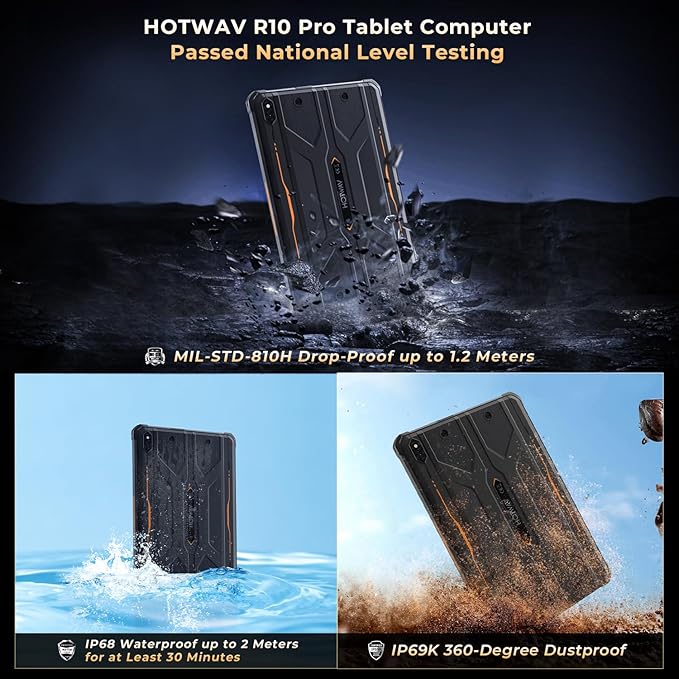 HOTWAV R10 Pro Rugged Tablet, 20GB + 256GB/TF 1TB Android 14 Tablet, 10.1inch HD+ Waterproof Tablets, 10800mAh Battery, 13MP Camera, Octa-Core/Dual SIM 4G/WLAN 5/IP68&IP69K/Face ID/GPS/OTG