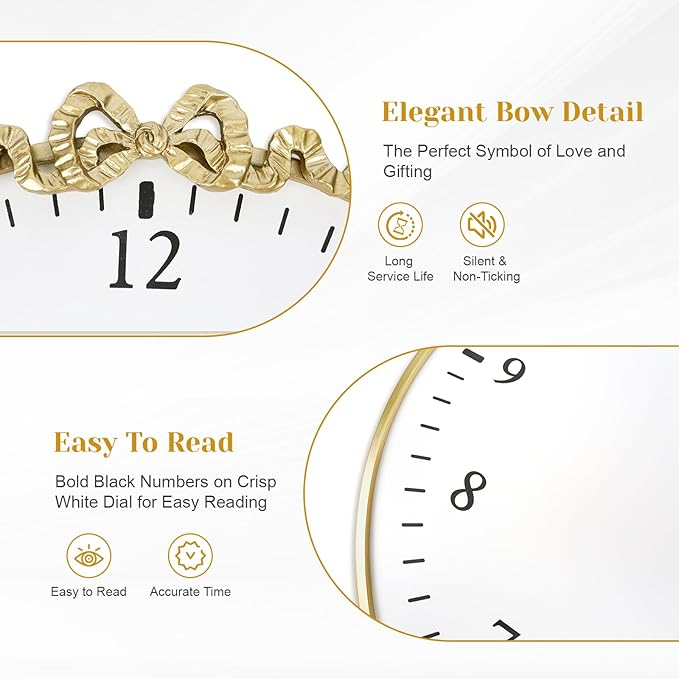 Large Vintage Gold Wall Clock, 20inch Decorative Round Wall Clocks with Bow Decor for Living Room, Retro Metal Battery Operated Clocks for Bedroom, Dining Room,Office