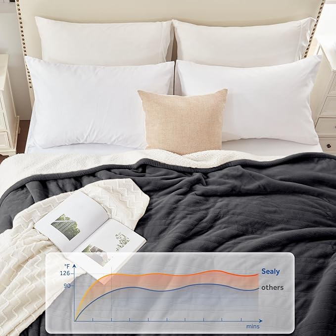 Sealy Electric Blanket Throw Size 50"*60",Super Cozy Flannel to Sherpa Reversible Heated Blanket Throw with 6 Heating Levels & 2-10 Hours Auto Off Overheating Protection Machine Washable,Charcoal