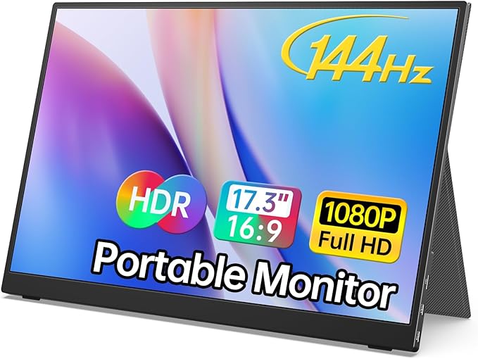 MNN 17.3" Portable Monitor 1080P FHD 144Hz Narrow Edge Laptop Monitor USB C HDMI Gaming Computer IPS HDR Screen for PC Mac Phone Xbox PS5 Switch Laptop w/Smart Cover & Speakers