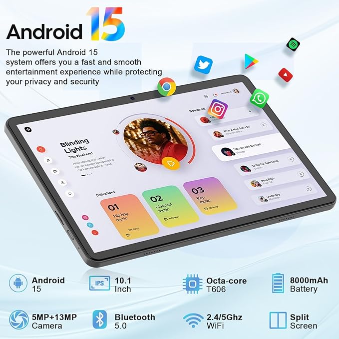 Android 15 tablet with keyboard, 26GB RAM+256GB ROM(2TB Expand), 10 inch tablet with 8000mAh Battery, 2.4G/5G WiFi, BT 5.0, 5MP+13MP Dual Camera, Gemini AI, Octa-core, Mouse, Stylus, Case(Black Case)