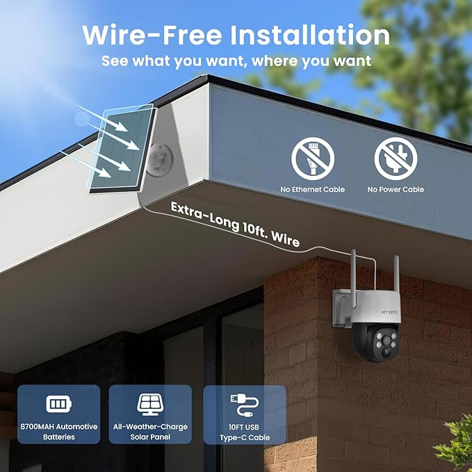 xmartO Wire-Free PTZ Solar Home Security Camera System Wireless, 8-Set 2K 4MP QHD CCTV Camera Kit with 4k 10CH Expandable Wi-Fi 6 NVR, All-Weather Solar Charge