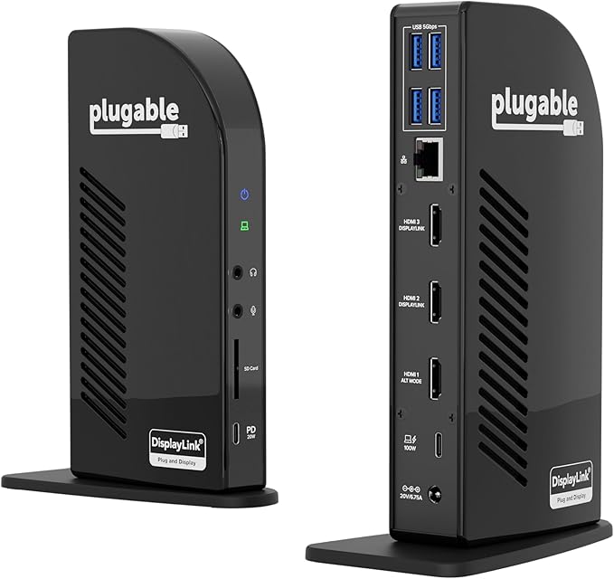 Plugable USB-C Triple Monitor Docking Station: 13-in-1 Laptop Dock with 100W Charging for Mac (DisplayLink Driver Required), Windows, Chrome, 3 HDMI, Gigabit Ethernet, SD, USB-C 20W, 4 USB - UD-ULTCDL