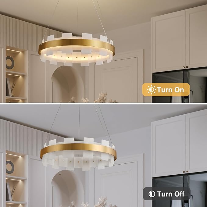 20" Natural Spanish Alabaster Round Chandelier, Adjustable Large Chandeliers for Living Room Over Table, Modern Luxury Alabaster Stone Chandelier for Drawing Room, Bedroom, Hallway, Foyer