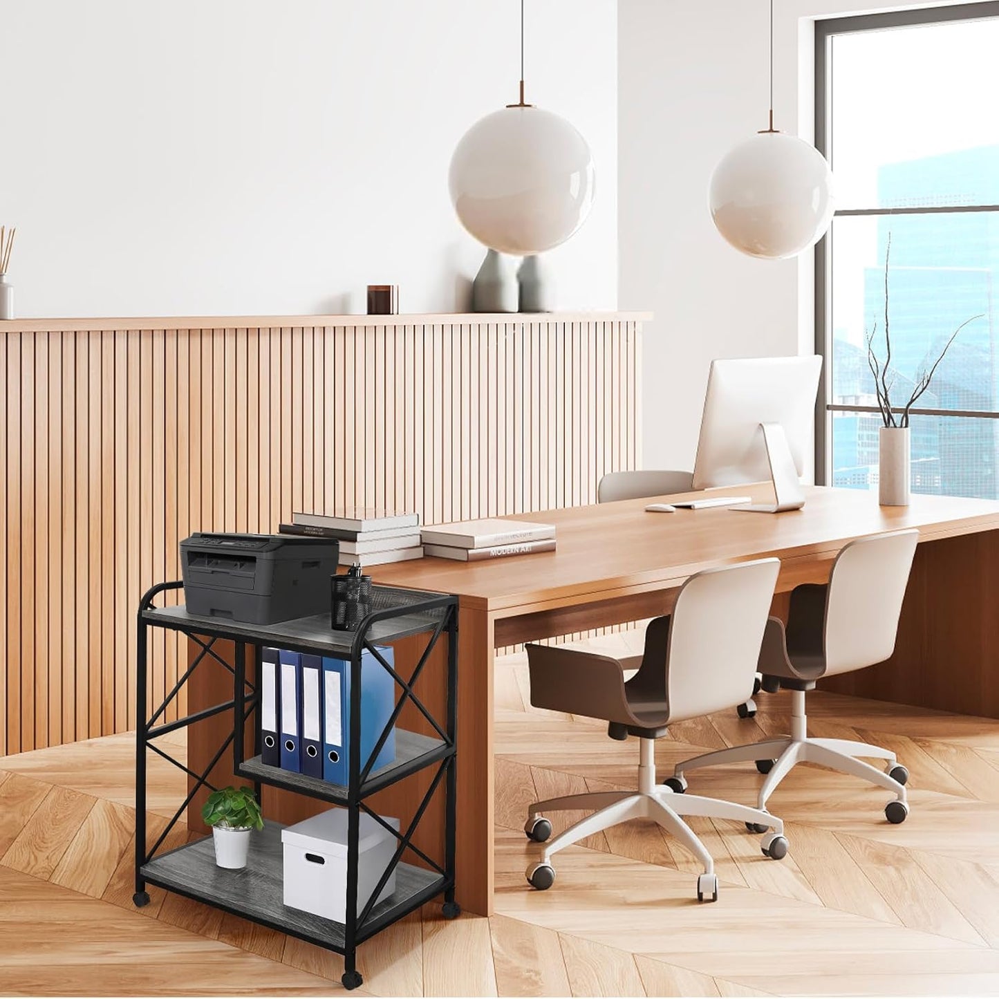 Printer Stand Printer Table with Storage Shelf for Home Office 23 x 18 Inch Large Printer Stand with Power Outlet Rolling Printer Table with Wheels Pinter Cart Tower Stand Grey Oak