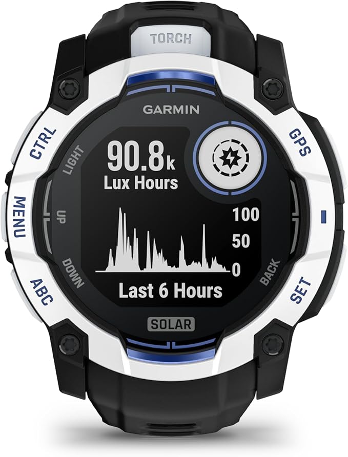 Garmin Instinct® 3 – 50 mm, Solar, Rugged Outdoor GPS Smartwatch, Built-in Flashlight, Supernova Collection Limited Edition Color, Whitestone with Black/Bolt Blue Silicone Band