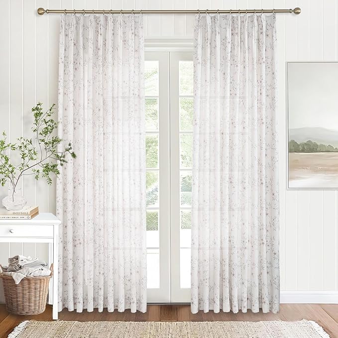 Pink Floral Pinch Pleated Linen Curtains - 2 Panels of Privacy Light-Filtering Printed Curtains Suitable for Dining Rooms and Farmhouses.72 Inches Wide by 102 Inches Long
