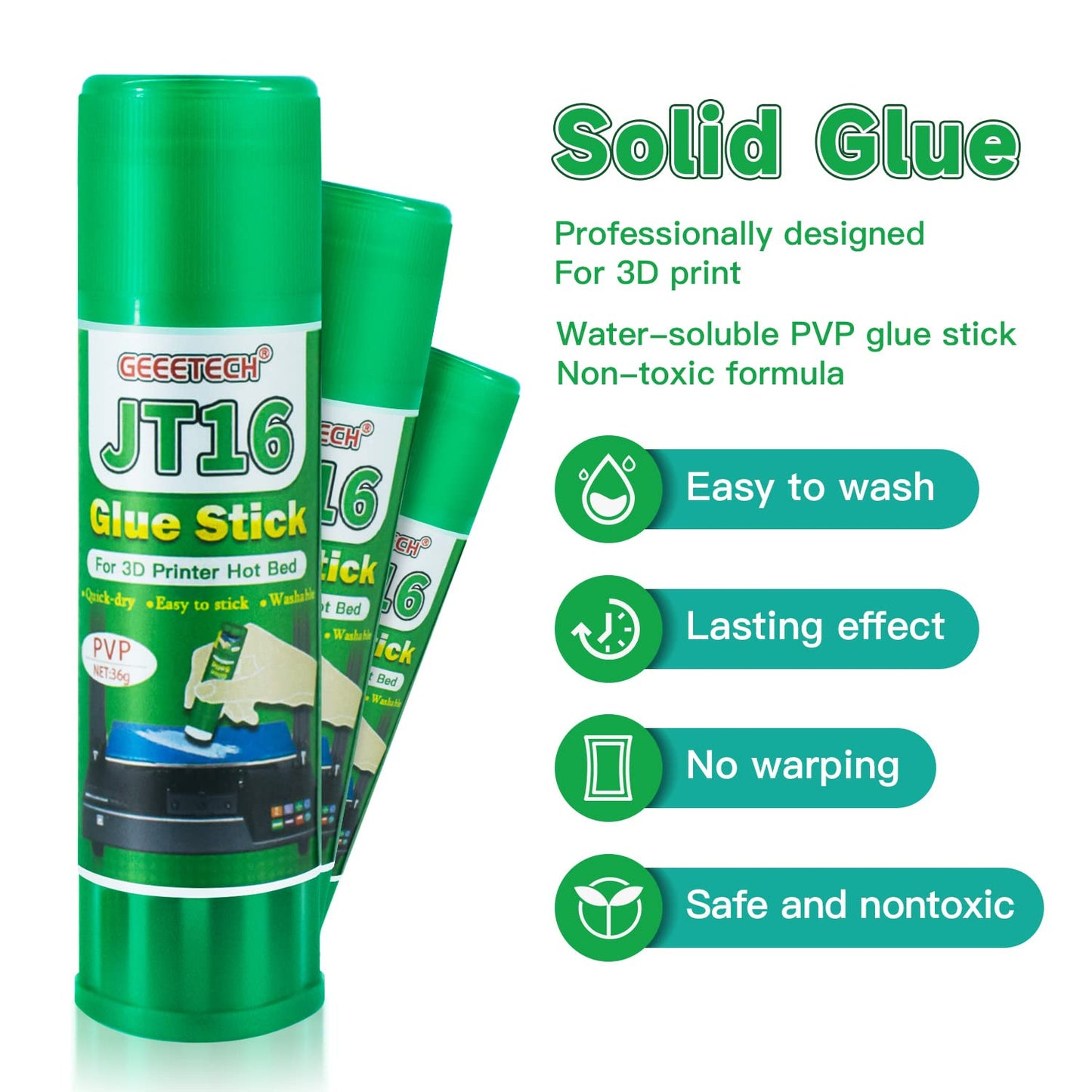 Geeetech 3 Pieces 3D Printer Glue Sticks 36 Gram Each PVP Solid Glue Stick for 3D Printer Hot Bed, Water-Soluble Glue Stick, Quick Dry, Easy to Stick and Washable