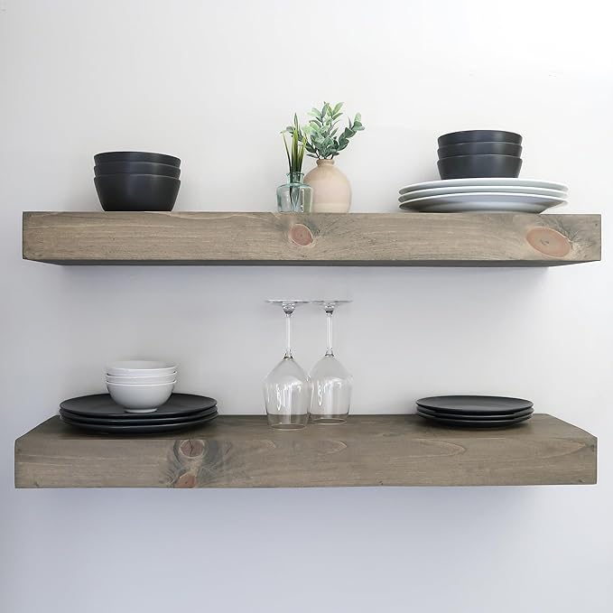 Modern Floating Shelves 3 Inches Thick for Wall, Wide Shelves for Kitchen, Living Room, Bedroom, and Bathroom, Natural Pine Wood, Rustic Wooden Shelf, (Set of 2) (Aged Barrel, 24Lx3Hx6D)