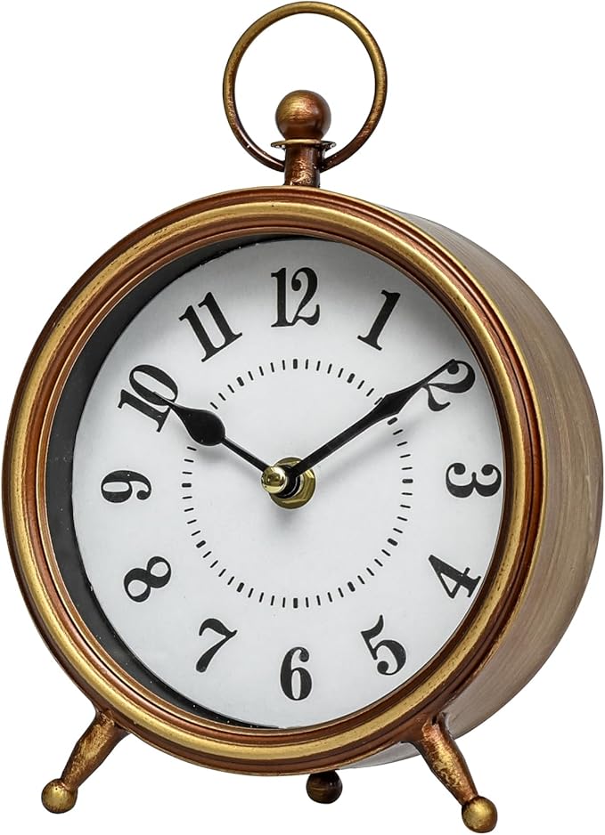 Vintage Small Table Clock on Stand, Decorative Desk and Shelf Clock Farmhouse Mantel Non-Ticking Clock Rustic Metal Frame with Antique Gold Finish 9.3 Inch
