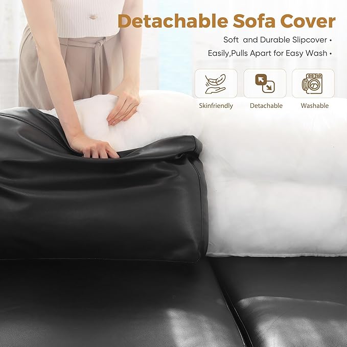 91.5" Faux Leather U Shaped Modular Sectional Sofa, 5 Seater Couch with Movable Ottoman Deep Seat and Storage Seat with Removable Cover for Living Room, Apartment - Black
