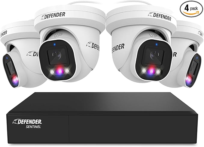 Defender AI Powered Sentinel Pro Turret 8CH NVR PoE Security Camera System, 4pc Metal Turret Cameras, 109° Wide Angle, IP66 Rated, Audio Recording, Web Viewing, 1TB HDD, Works w/Empower App