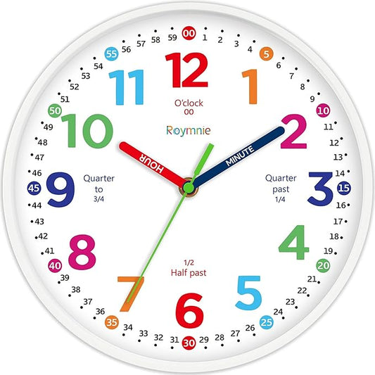 Roymnie14 Inch Wall Clock for Kids Learning to Tell Time Large Analog Silent Battery Operated Teaching Clock Silent Colorful Teaching Time Ideal Gift for Kids Room School(White Grain)