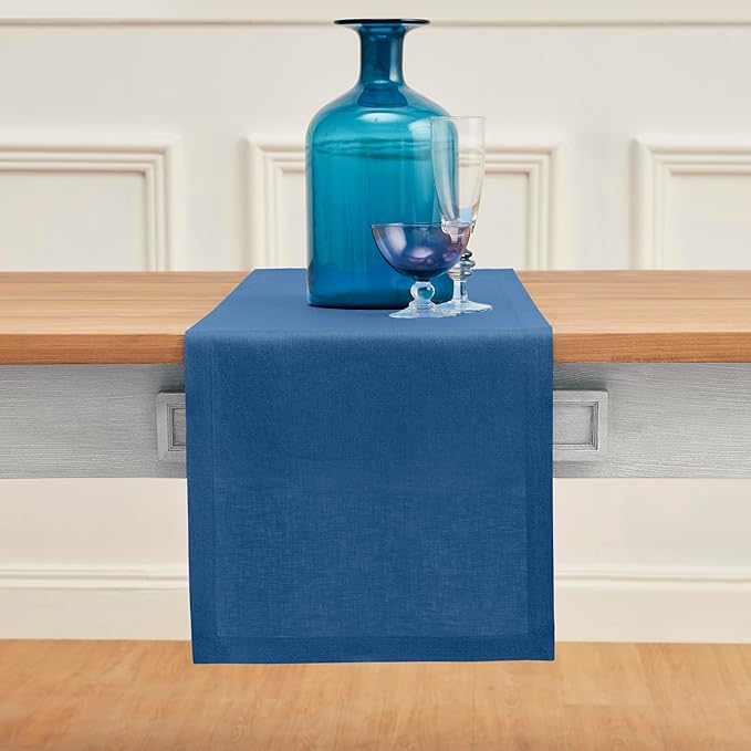 Solino Home Linen Table Runner 90 Inches Long - 100% Pure Linen Indigo Blue Dining Table Runner 14 x 90 Inch for Fall, Autumn, Thanksgiving - Fete