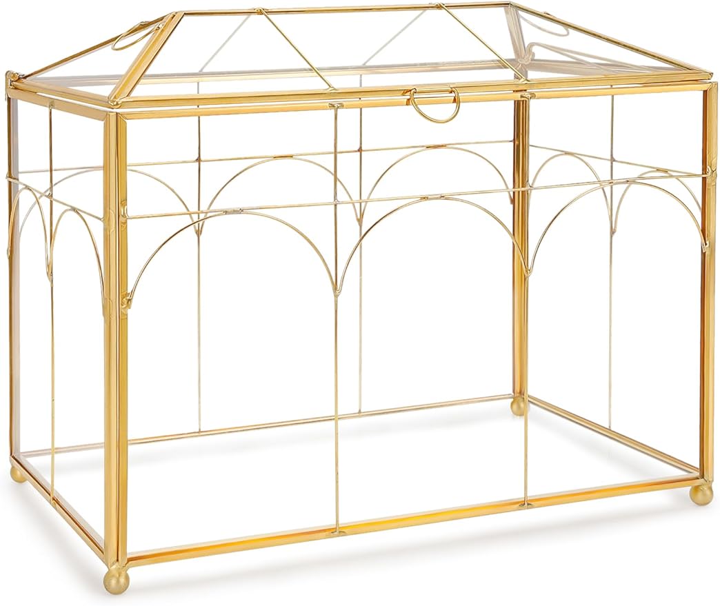 Handmade Glass Planter Terrarium with Lid, Indoor Tabletop Centerpiece Display Box Modern Decor DIY Gift Plant Terrarium Container for Succulent Cacti Air Plants Flower (Gold)