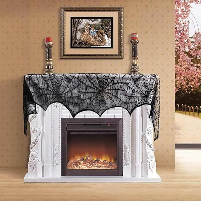 Hommtina 4 Pack Halloween Decorations Tablecloth Runner Black Lace Round Spider Cobweb Table Cover Fireplace Mantel Scarf Spiderweb with 60 Pcs 3D PVC Scary Black Bat Sticker Halloween Party Supplies