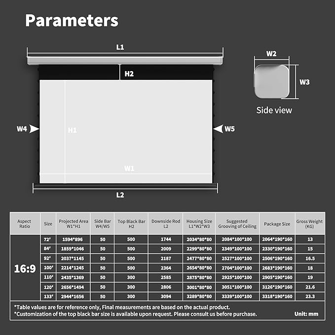 QuadraArc Motorized Drop Down Projector Screen 16:9 White Matt, Wall & Ceiling Mount, Electric Pull Down Screen with Remote Control, Compatible with All Projectors 84"