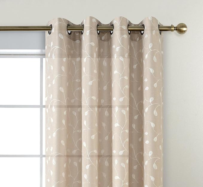 MIUCO Floral Embroidered Semi Sheer Curtains Faux Linen Grommet Window Drapes for Living Room 52 x 95 Inch 1 Pair Set, Linen