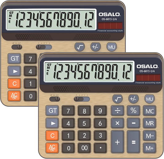 Desktop Calculator Extra Large 5-Inch LCD Display 12-Digit Big Number Accounting Calculator with Giant Response Button, Battery & Solar Powered, Perfect for Office Business Home Daily Use(6815GN-2pcs)