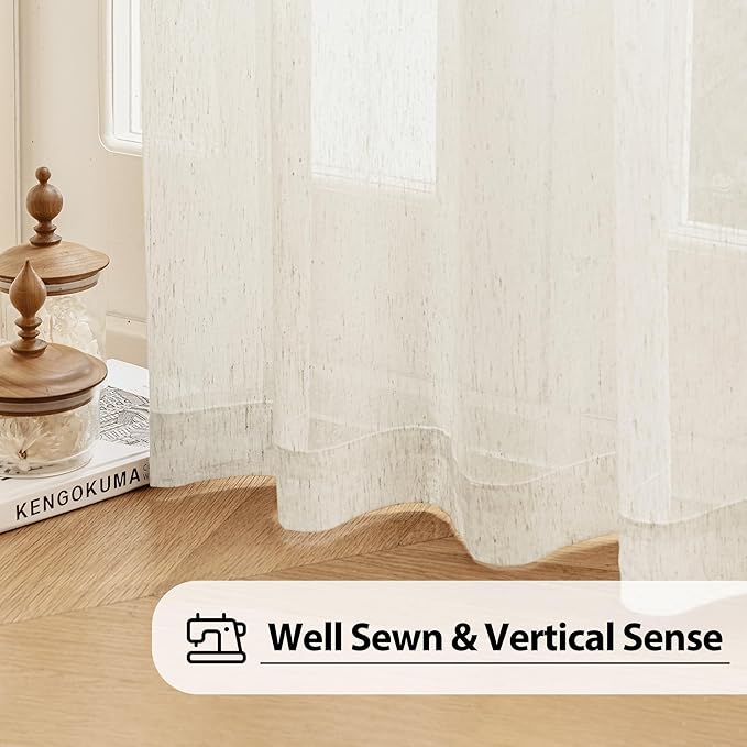 FMFUNCTEX Linen Sheer Curtains for Living Room, Beige Curtains 108 inches Long for Bedroom, Natural Flax Blend Window Draperies for Farmhouse Curtain, Rod Pocket 2 Panels