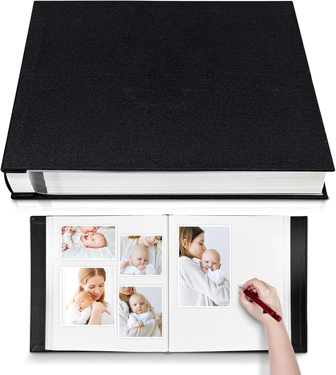 Large Photo Album Self Adhesive 4x6 8x10 10x12 13"x12.8" Magnetic Scrapbook Album 12.6"x11" Inch 40 Pages Linen Cover DIY Photo Album with A Metallic Pen and DIY Stickers(Black)