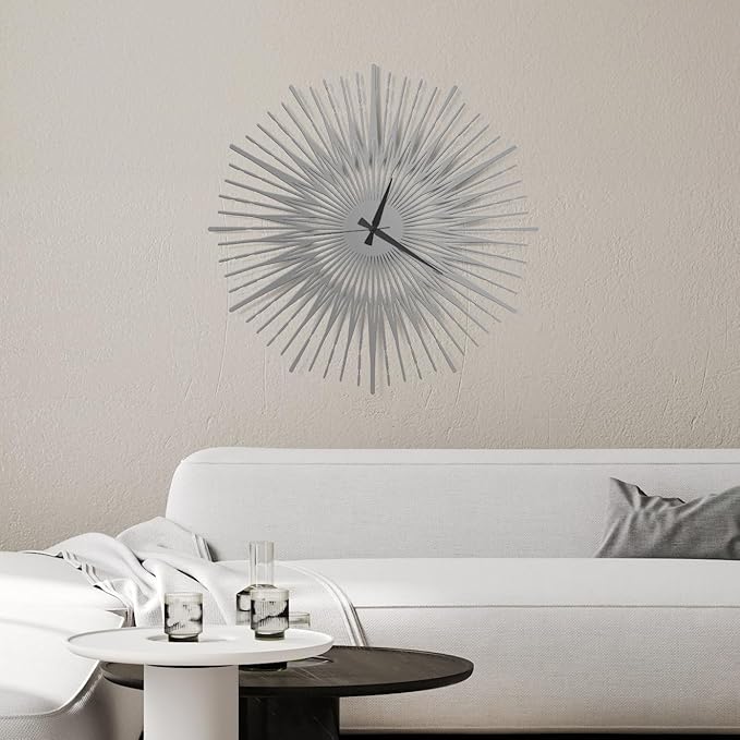 Sun Rays Wall Clock, Large Metal Decorative Wall Clock, Modern Minimalist Wall Decor (Silver, Large)