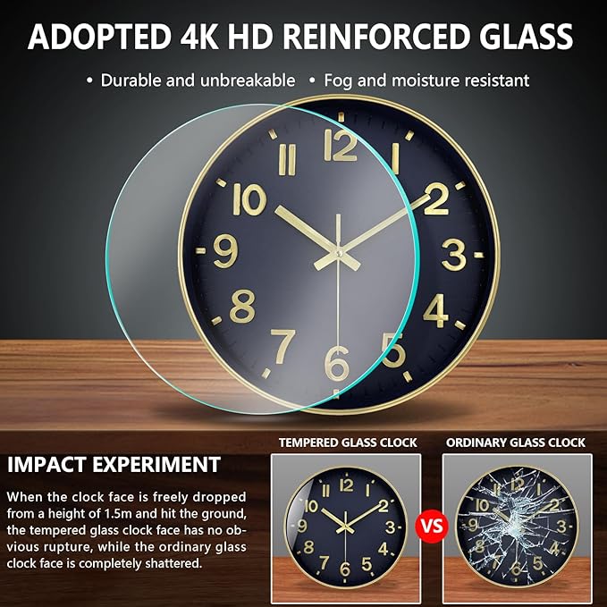 Wall Clocks Battery Operated, 12Inch Non Ticking Digital Wall Clock, Silent Analog Clock for Bedroom Living Room Kitchen Office Hotel Decor, Navy Blue Large Number Clocks for Seniors Elderly