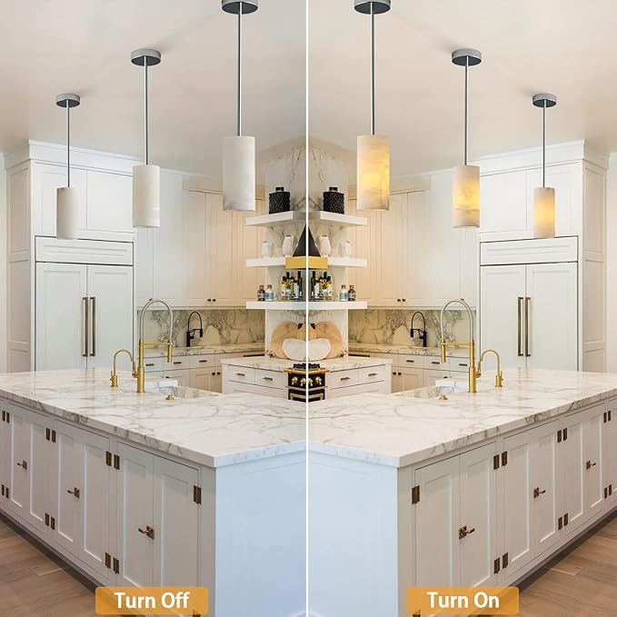 Alabaster Pendant Lights Kitchen Island, Nickel Hand Carved Alabaster Cylinder Pendent, Spanish Natural Marble Light Pendant for Bedroom Bathroom Dining Room Living Room- 3 PC