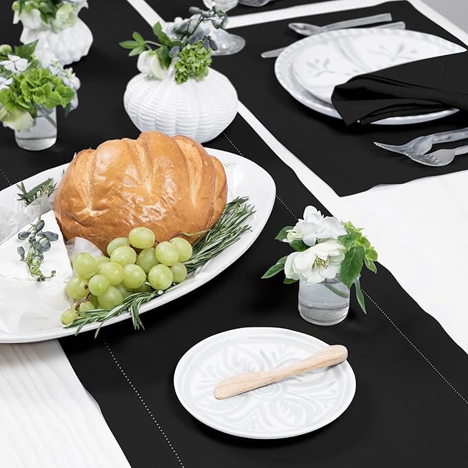 Solino Home Linen Black Table Runner 36 Inches - Classic Hemstitch, 100% Pure Linen Coffee Table Runner 14 x 36 Inch Ideal for Dresser Tables - Fall, Autumn, Halloween, Thanksgiving