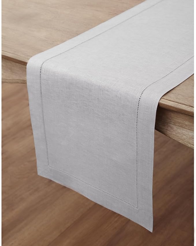 Solino Home Linen Soft Grey Table Runner 36 Inches - Classic Hemstitch, 100% Pure Linen Coffee Table Runner 14 x 36 Inch Ideal for Dresser Tables - Fall, Autumn, Halloween, Thanksgiving