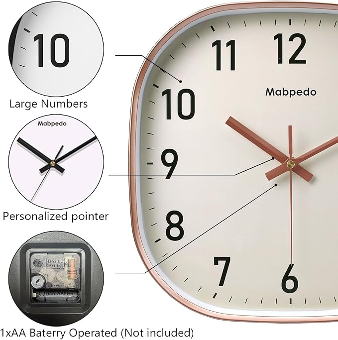 Small Wall Clock, 8 Inch Silent Non Ticking Battery Operated Clock, Square Analog Decorative Wall Clocks for Bedroom Living Room Office Home Gym Porch Decor Indoor Outdoor Clocks, Rose Gold