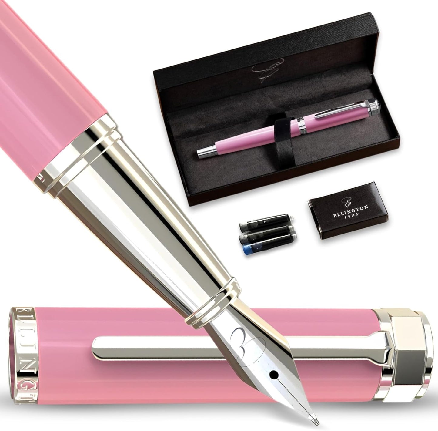 Luxury Fountain Pen Set- Fountain Pens for Writing - Smooth Medium Nib - Includes Refillable Ink Converter, 3 Ink Cartridges [Black & Blue], Gift Box - Elegant Calligraphy