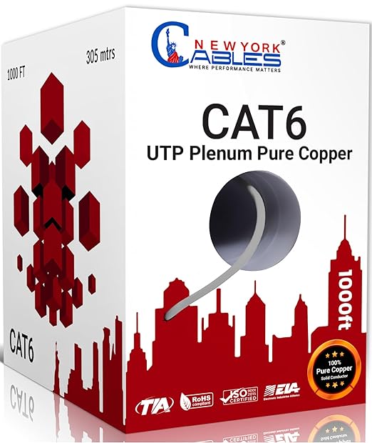 NewYork Cables CAT6 Plenum Cable 1000ft | 100% Solid Bare Copper, UTP, 550MHz, 23AWG, 4Pair 10GB Ethernet Cable, Certified CMP-Rated Bulk Cat 6 Cable for Networking & Gaming (1000ft, Pure Copper,Grey)