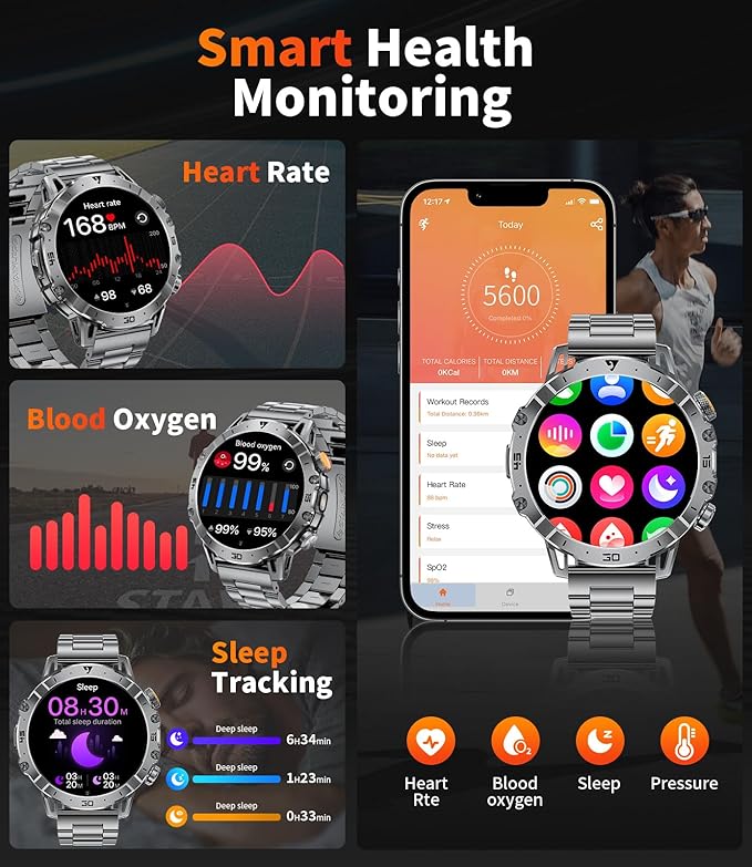 Smart Watches for Men 1000mAh Battery/Flashlight/3 Straps, 1.7" Ultra HD Screen Outdoor Smartwatch with 111 Sports Modes, Heart Rate/Sleep/Calorie Monitor, 5ATM Waterproof Fitness Tracker Android iOS