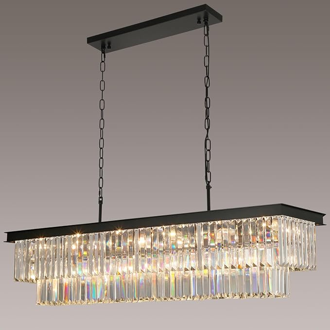 Crystal Chandeliers for Dining Room Light Fixtures Over Table，18-Lights Black Modern Rectangle Chandeliers for Kitchen Island Bar L46 Inch