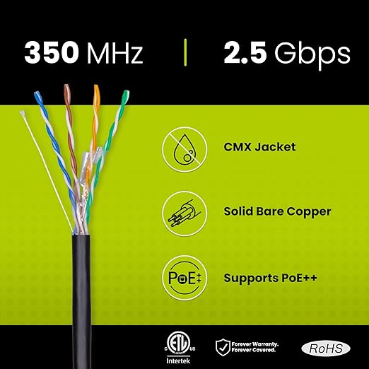 trueCABLE Cat5e Outdoor, Unshielded UTP, 500ft, UV Resistant, CMX Rated, Black, 24AWG Solid Bare Copper, 350MHz, PoE++ (4PPoE), ETL Listed, Bulk Ethernet Cable