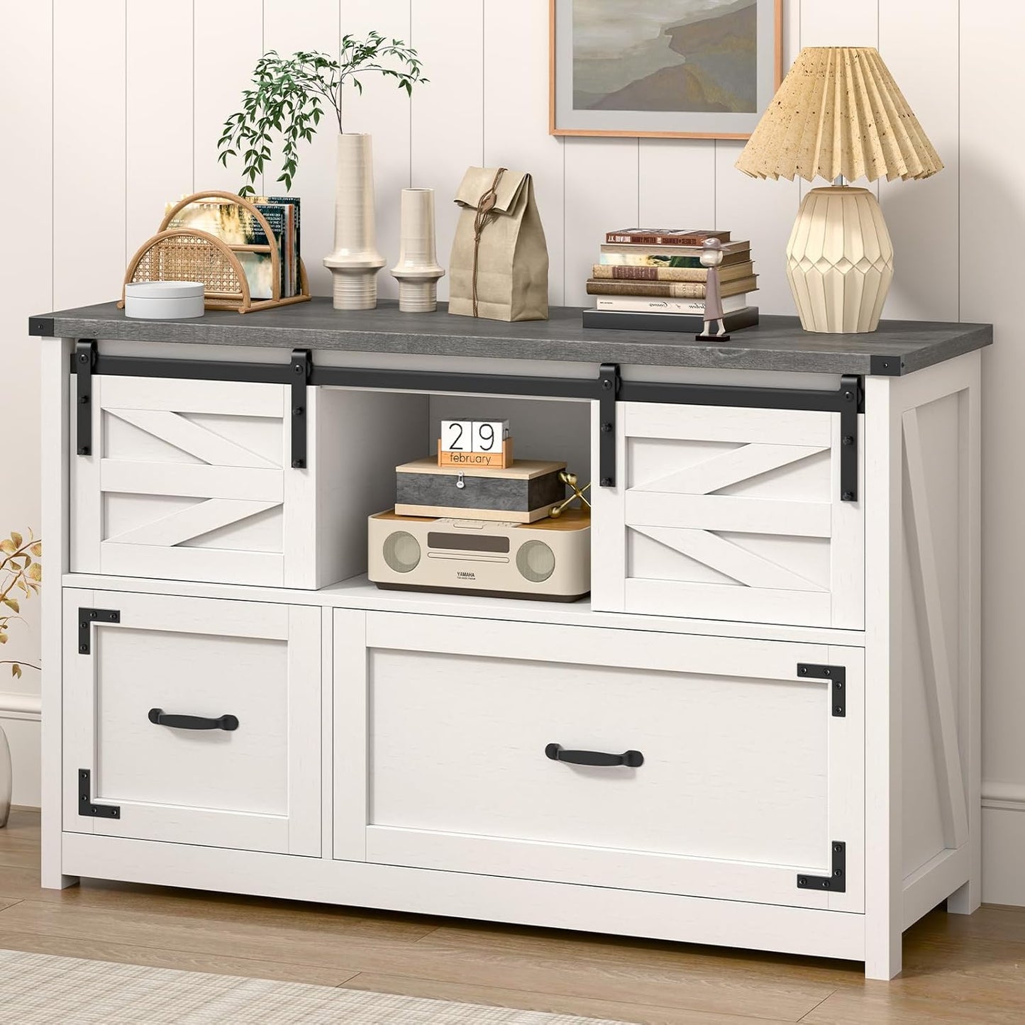 Lateral File Cabinets 2 Drawer with Sliding Barn Doors, Farmhouse Filing Cabinet with 2 Drawer for Home Officeï¼Filing Organization Storage Cabinets for Hanging Files Letter/Legal/F4/A4.(Dark Grey.)