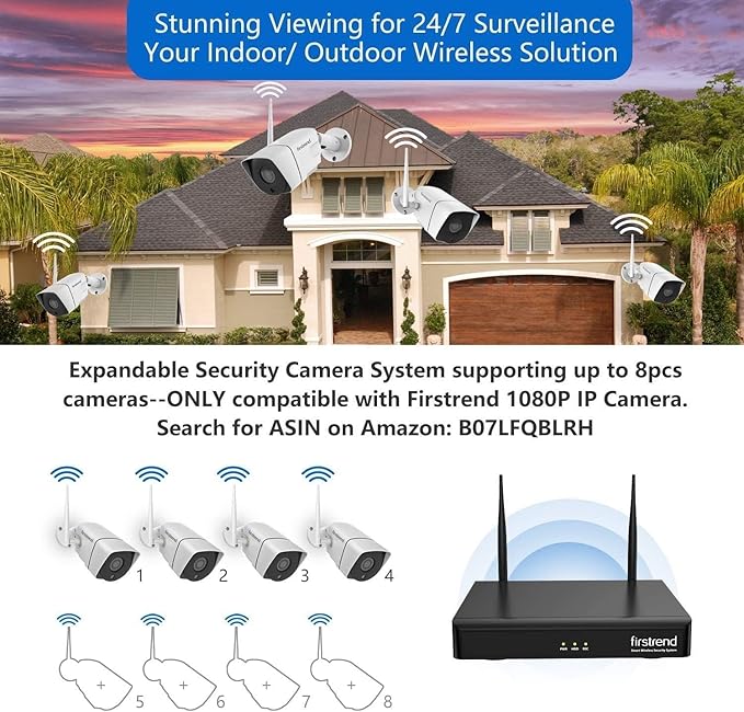 Wireless Security Camera System, 1080P firstrend 8CH with 4 pcs 2MP Cameras Full HD 1TB HDD 24/7 Recording Surveillance Night Vision Motion Alert APP CCTV Surveillance H.265 with AI Human Detection