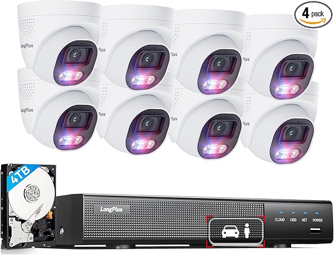 LongPlus 12MP PoE Security Camera System,12MP H.265+ 16CH NVR with 4TB HDD for 24-7 Recording, 8pcs Wired Home Security Camera System, Person Vehicle Detection, Color Night Vision, LP12MEF8D1