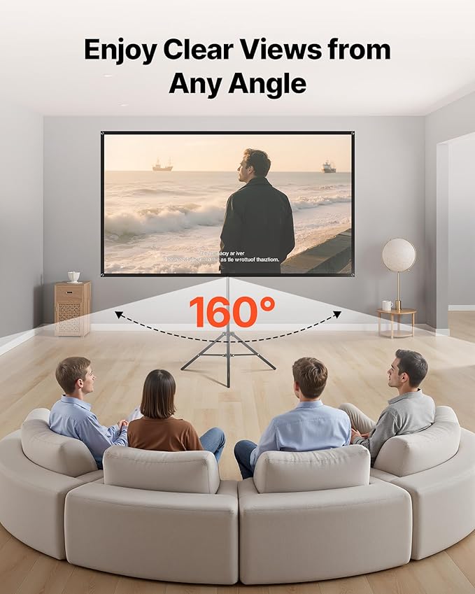 VEVOR Projector Screen with Stand, 80 Inch 160° Wide Angle Indoor Outdoor Projection Screen, 16:9 4K HD Wrinkleless Portable Tripod Screens with Carry Bag, for Movie Home Theater Office Presentation