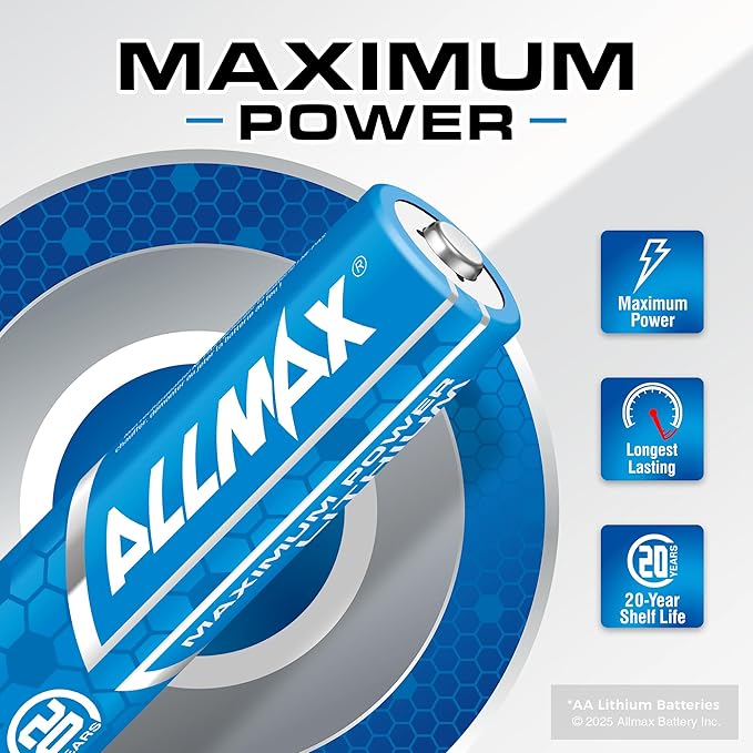 Allmax AA Maximum Power Lithium Batteries (48 Count) – Longest Lasting, Leakproof, 20-Year Shelf Life, Ultimate Performance, Perfect for Blink Security Cameras (1.5V)