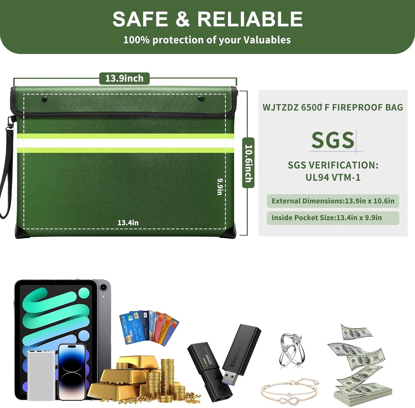 6500°F Fireproof Document Bag,Upgraded Fireproof/Waterproof Money Bag with Zipper/Reflective Strip,Storage Pouch for A4 Letter Size Document,Cash,Cell Phone,Passport