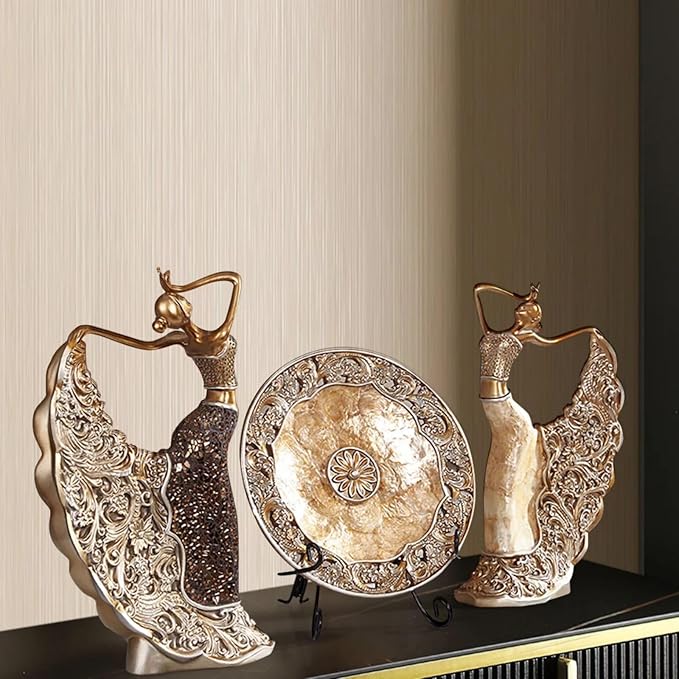 homary 3PCS Peacock Dancer Figurines Statue Vintage Romantic Resin Sculpture Set Decorative Ornaments for Office Desktop Bookshelf Decor, Gold