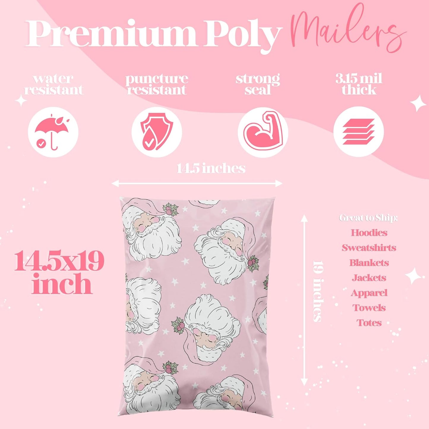 10x13 Designer Christmas Holiday Poly Mailer 100 Pack Heavy Duty Waterproof Self Seal Shipping Bags Large Mailing Envelopes Bulk Tear Resistant Cute Packaging Pink Santa