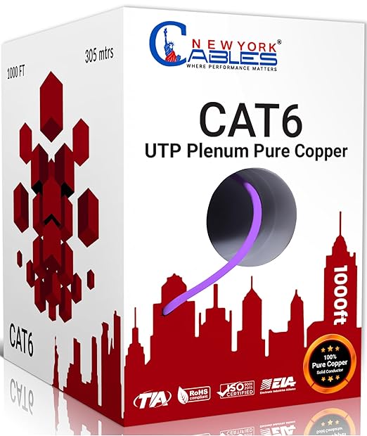 NewYork Cables CAT6 Plenum Cable 1000ft | 100% Solid Bare Copper, UTP, 550MHz, 23AWG, 4Pair 10GB Ethernet Cable, Certified CMP-Rated Bulk Cat 6 for Networking & Gaming (1000ft, Pure Copper,Purple)