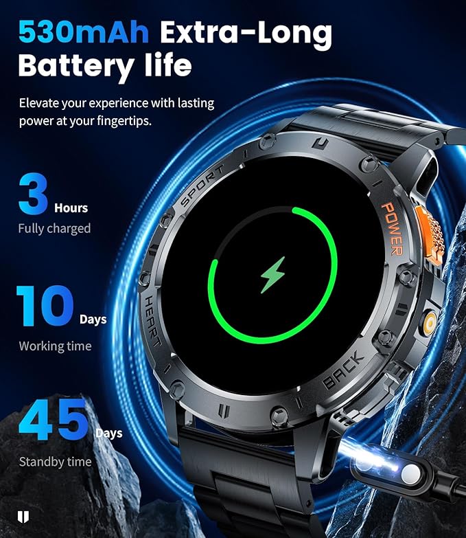LIGE 1.43" AMOLED Smart Watch for Men with Flashlight, Bluetooth Calling, 100+ Sport Modes, 530mAh, IP68 Waterproof Fitness Tracker for Workout, iOS Android Compatible, Black Steel