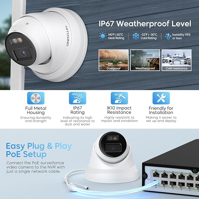 4K IP PoE Camera, Upscaled 8MP PoE Camera Outdoor with Mic/Audio, 98ft IR/Color Night Vision, Human & Vehicle Detection, 127° FOV, MicroSD (256GB), Hik-connect/iVMS4200