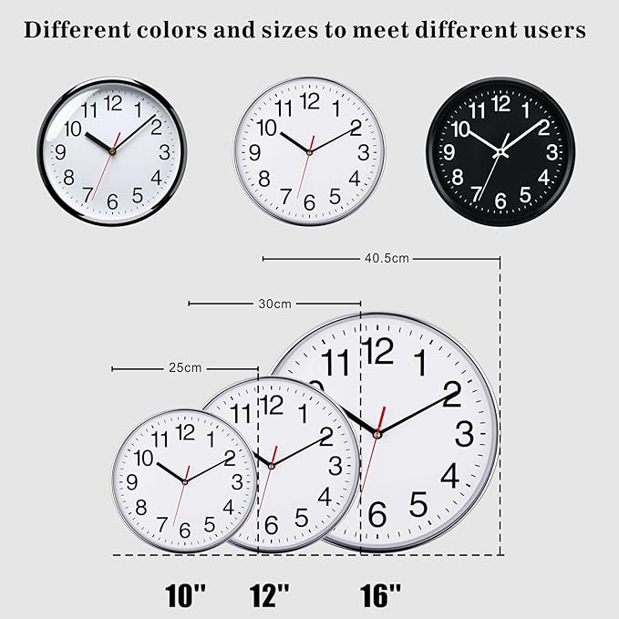 Plumeet Extra Large Wall Clock - 16" Non Ticking Silent Quartz Black Wall Clocks - Simple Design Wall Clocks for Living Room Decor, Battery Operated, Chrome