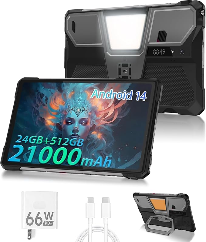 8849 Tank Pad E Tablet Android 14, Dual 4G 10.95'' Rugged Projector Tablet 24GB RAM, 21000mAh Octa-core Waterproof Outdoor Unlocked Tablets 512GB ROM, 50MP+32MP Camera, Camping Light/WiFi/BT 5.3/GPS