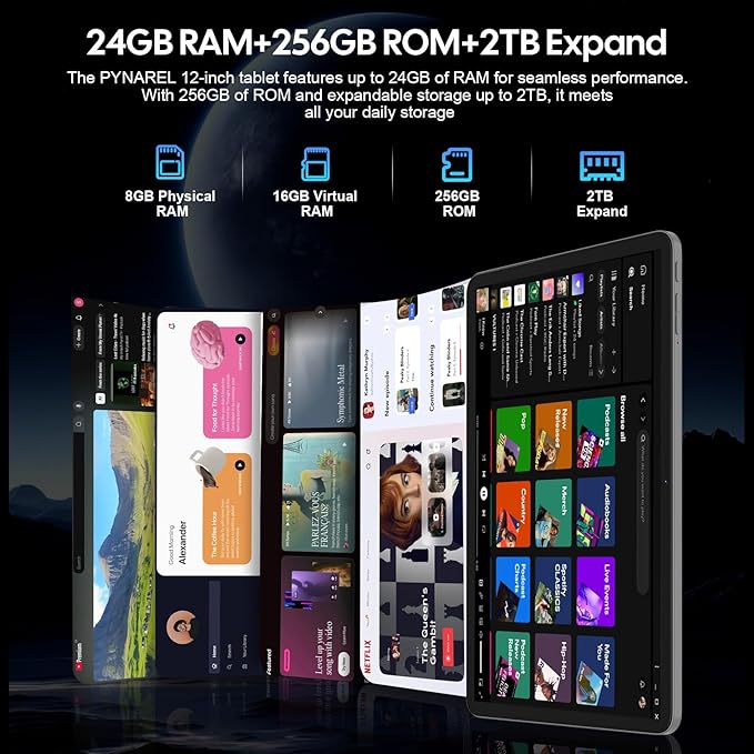 2026 12 Inch Tablet, Android 15 Tablet with Keyboard - 24GB RAM, 256GB ROM, 2TB Expand, 2000x1200 Screen, Octa-Core, 8+16MP Camera, 8000mAh, 5G Wifi, 2K Tablet with Case, Stylus, Mouse (Black Case)
